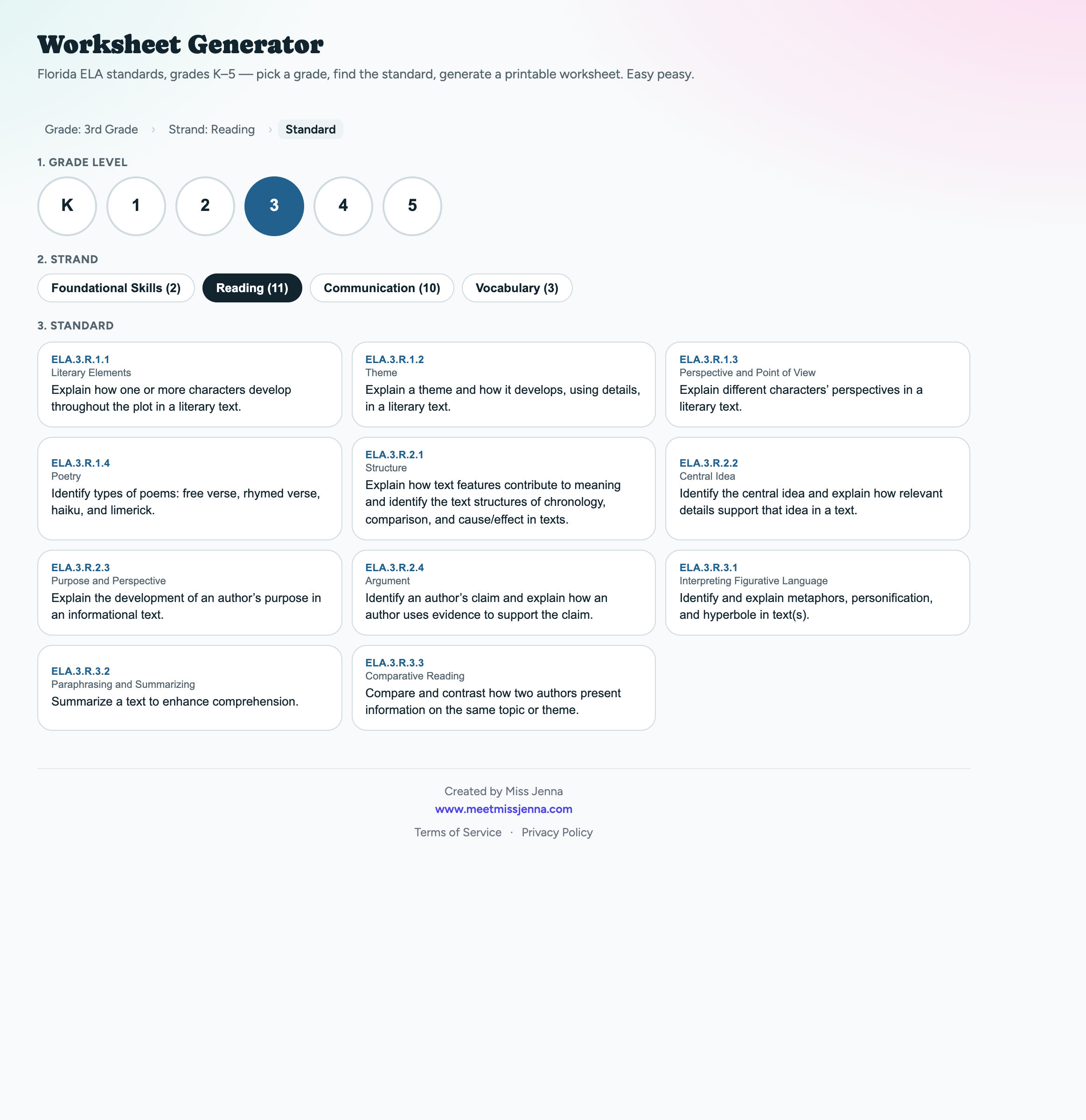 The Worksheet Generator: pick a grade, strand, and standard